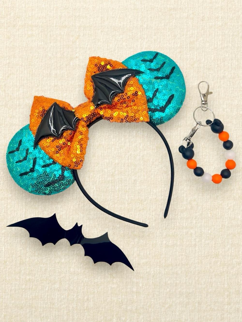 Spooky Teal Bat Minnie Ears & Holder Set | Disney-Inspired Halloween Mouse Ears